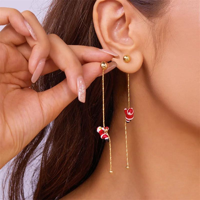 New Design Asymmetric Snowflake Christmas Boot Hat Drop Earrings for Women Moving Santa Claus Long Tassel Earring Party Zircon