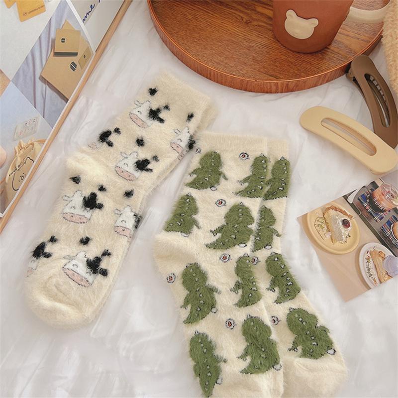 Cute Cow Spots Print Socks Thickened Warm Mink Cashmere Socks Funny Cartoon Animals Socks Comfortable Warm Autumn Winter