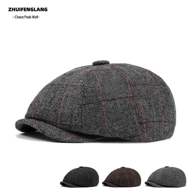 Men's Warm Fleece-Lined Striped Duckbill Beret - British Style Autumn/Winter Newsboy Cap