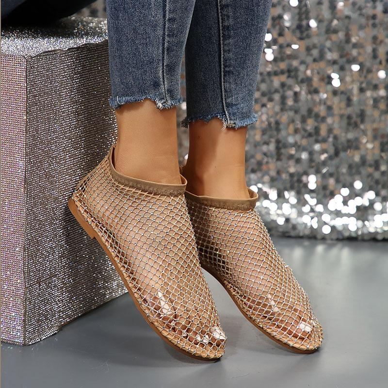 fashion Summer Sandal 2024 Trend Hollow Crystal Women Shoes New Walking Designer Casual Female Shoes Flats Ankle Mesh Round Toe Sandales