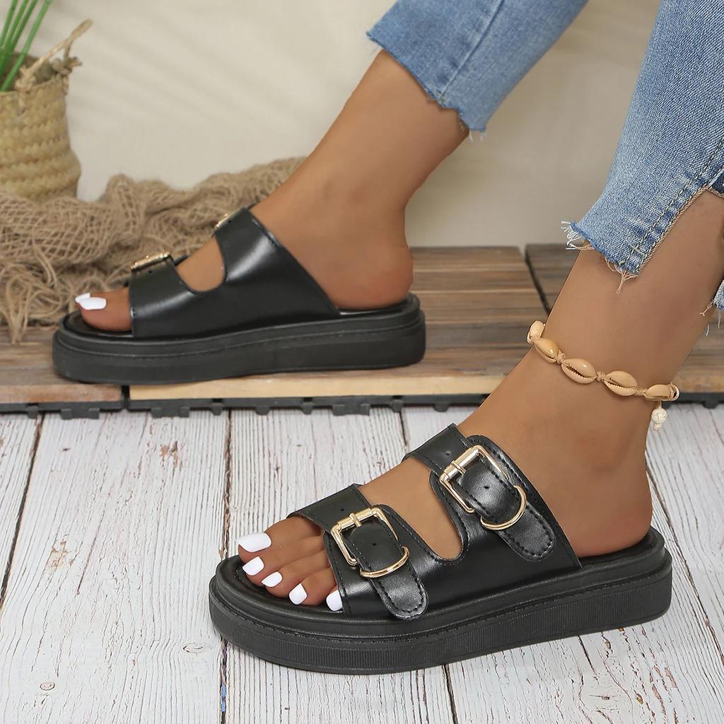 Fashion Casual Sandals Women Leather Metal Ankle Buckle Strap Summer Beach Ladies Low Heel Sport Shoes Handmade