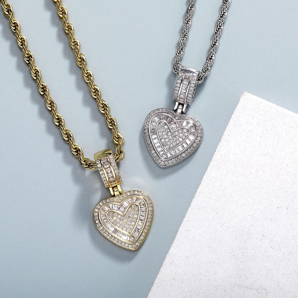 Gold Color Iced Out Heart Pendant Necklace For Men AAA+ Cubic Zirconia Stainless Steel Rope Chain hip-hop women's Accessories
