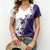 Gradient Floral Print Women V-Neck T-shirt Stylish Vintage Casual Summer Daily Elegant Temperament Short Sleeve