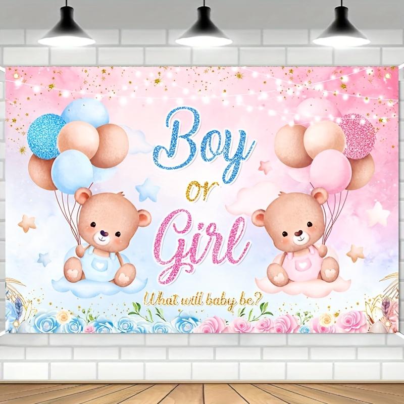 Blue and pink bear gender revealing background with cute teddy bear, balloon, and floral designs 100x150cm