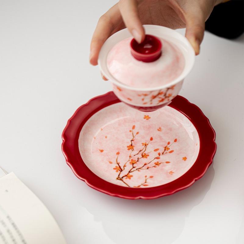 Guochao Hand-painted Palace Wall Red Plum Blossom Underglaze Color Ceramic Pot Bearing Tea Ceremony Accessories Household
