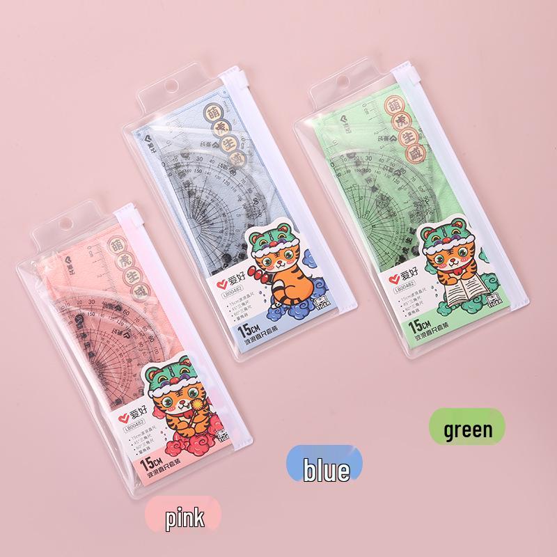 Cute Tiger Ruler Set for Primary Students: Wave, Triangle, Protractor, and Straight Ruler 15cm