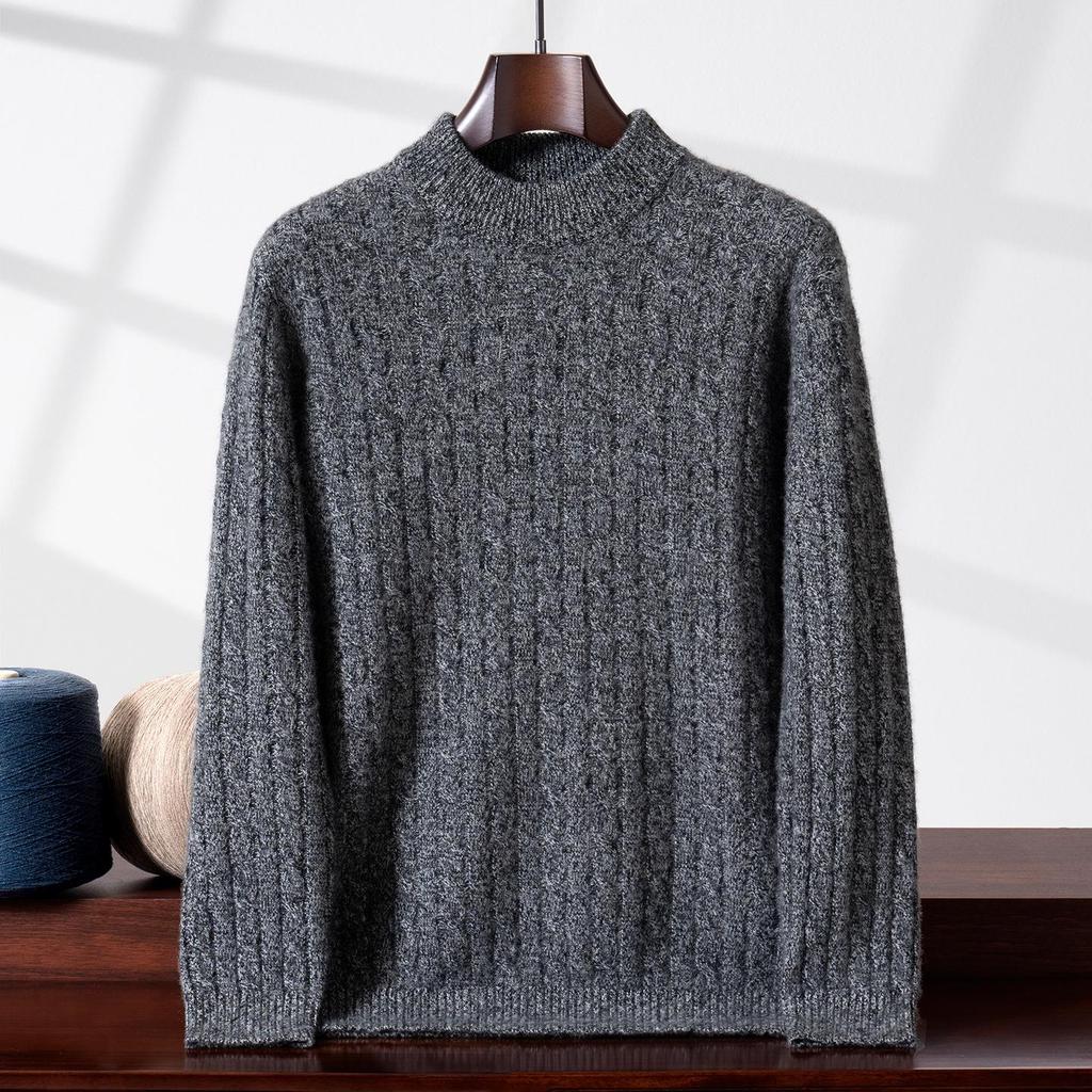Men's Cashmere Yarn Half-High Collar Cable Knit Loose Casual Sweater - Thick, Warm, Long Sleeve for Winter