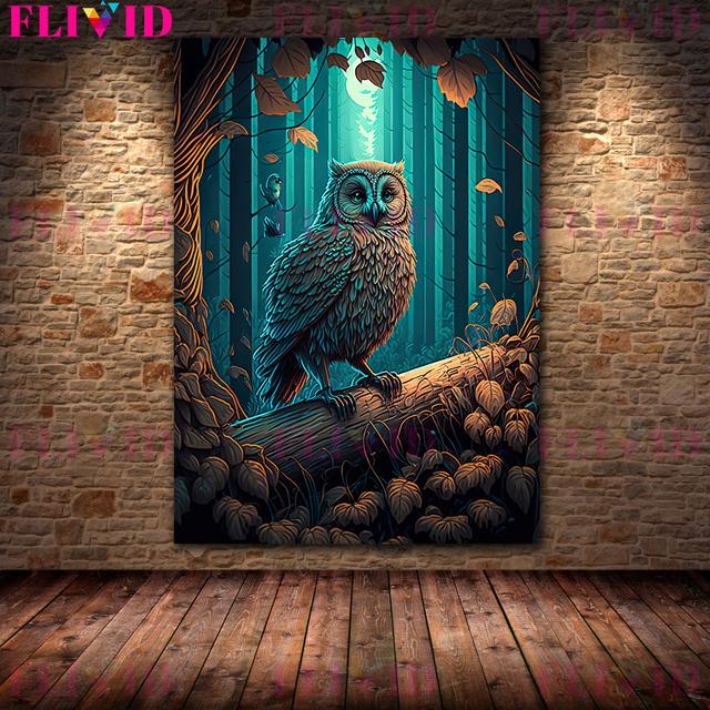 Geheimnisvolle Eulenkunst unter dem Vollmond, Wandölgemälde, magische Nacht, Katze, Kunstposter und Siegel