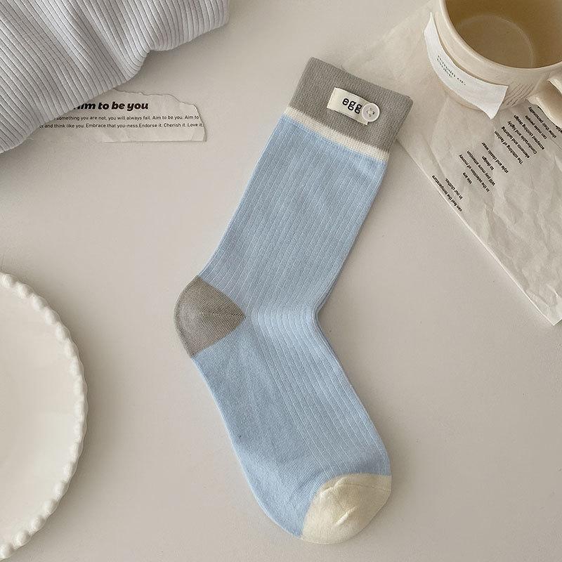 

Женские осенние новые цветные носки с пуговицами и тканевой этикеткой в рубчик 1 pair синий