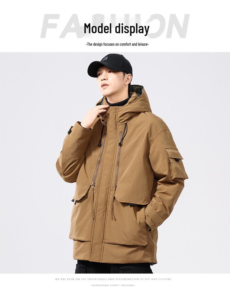 Men's Retro Mid-length Down Parka with Pockets - Trendy, Loose Fit, Plus Size