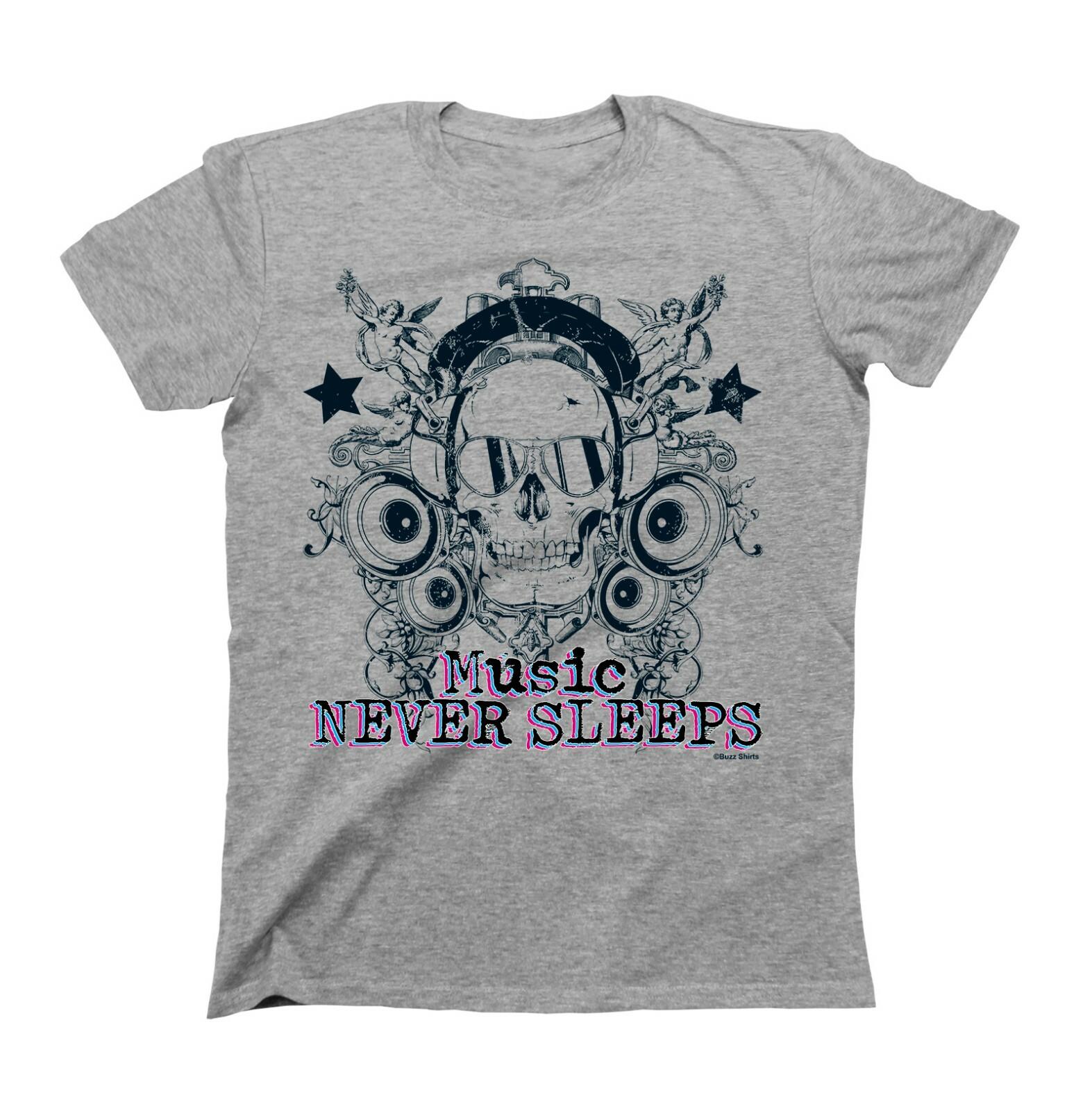 MUSIC Never Sleeps T-Shirt Mens Womens Tees Top Mens  Gift Christmas Skull Hipster Headphones 3XL