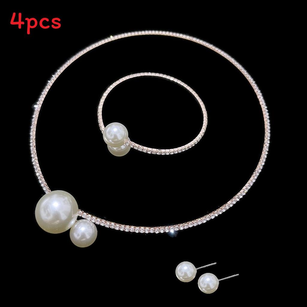 Artificial Pearl Jewelry Set With Diamondaccented Necklace Earrings And Bracelet For Women
