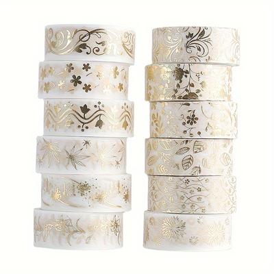 12 Rolls Golden Plant Flower Series Washi Tape Golden Foil Decorative Hand Account Sticker DIY Material Beauty Tape