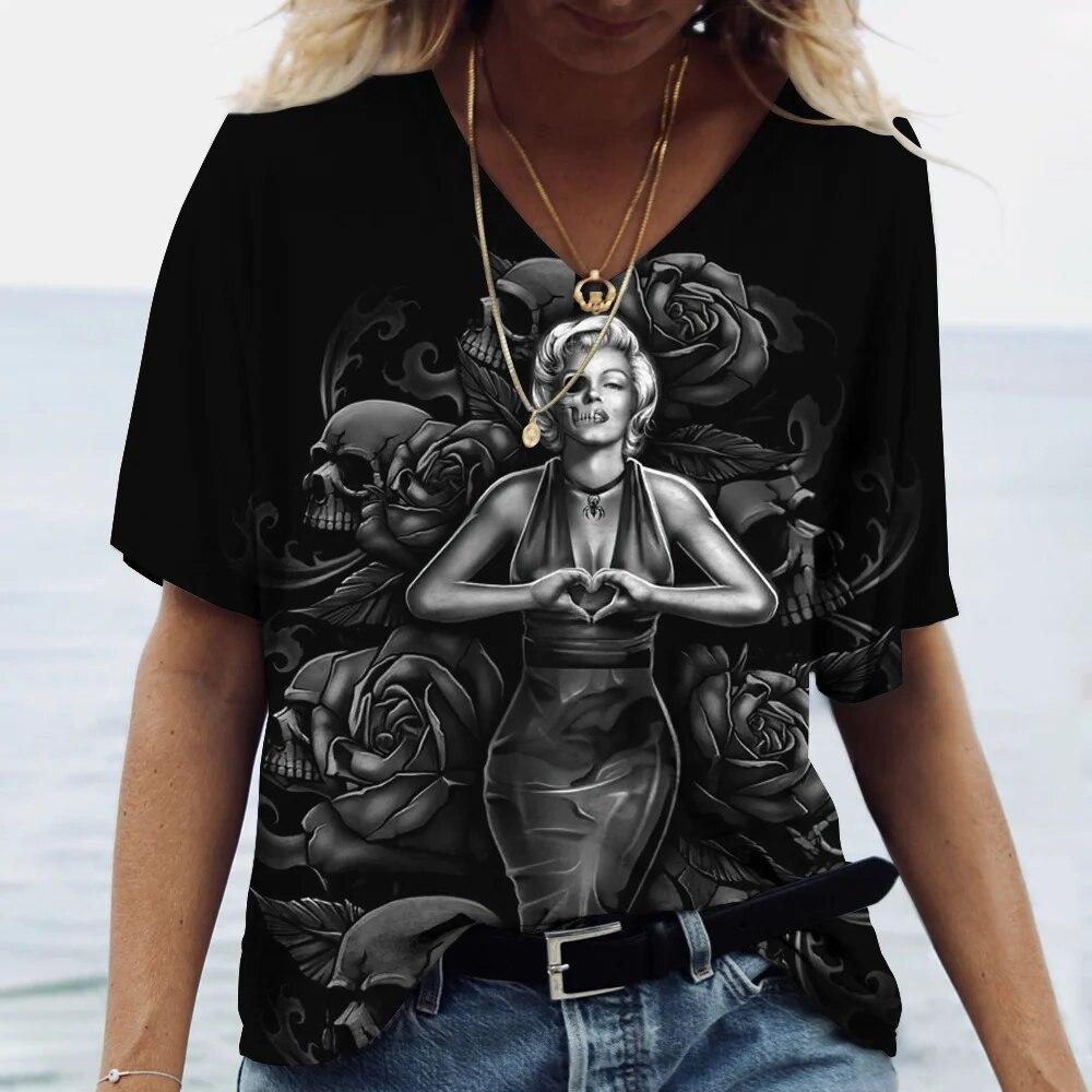 Nová dámská trička Skull Beauty Print Harajuku Y2k Streetwear Day of the Dead Oblečení Topy Dámské Oblečení nadměrné velikosti Letní 6xl