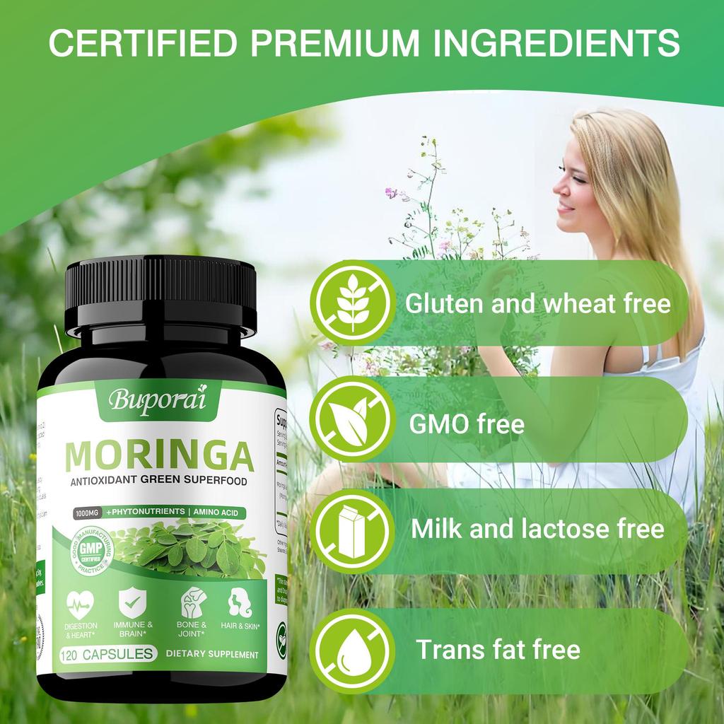 Cápsulas de folhas de moringa, 1000 mg por dose, antioxidante, melhora a saúde da pele e das articulações, adequado para adultos.