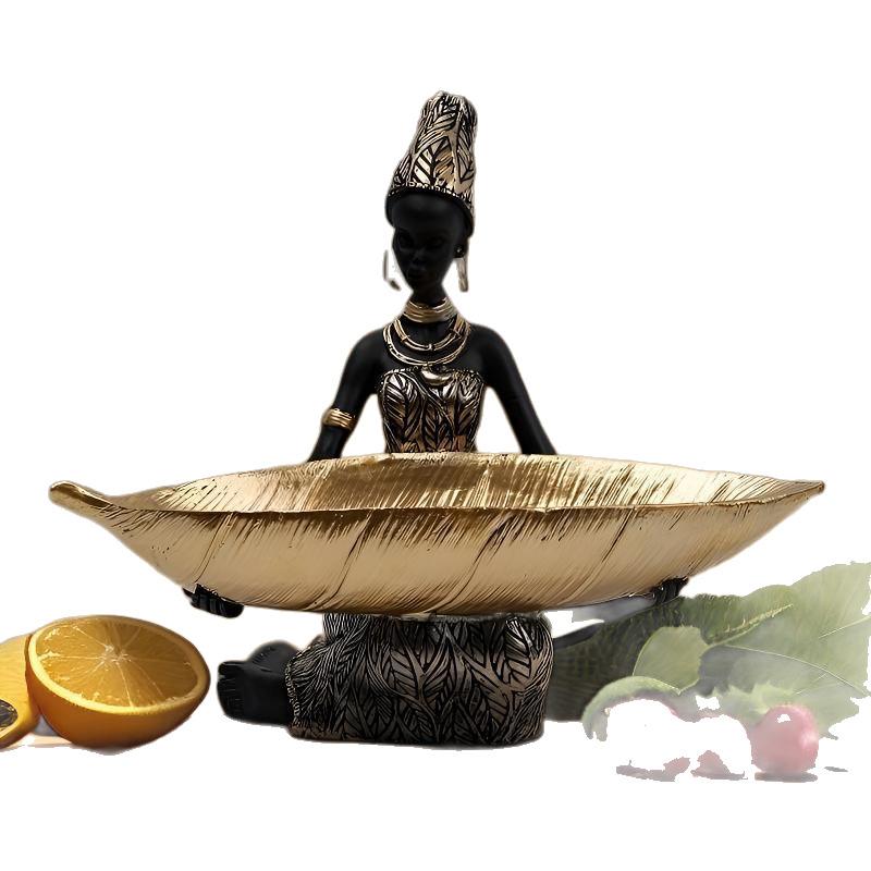 African Girl Holding A Plate Sculpture, Home And Office Decorative Storage Ornament, Vintage Collectible Craft Deskt Decor