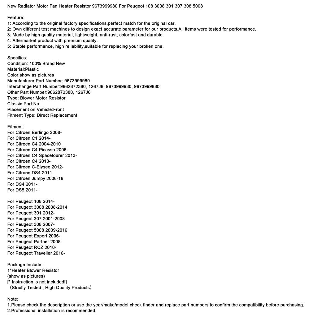 New Radiator Motor Fan Heater Resistor 9673999980 For Peugeot 108 3008 301 307 308 5008