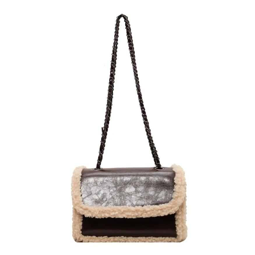 PU patched crossbody bag with magnetic buckle  crossbody bag  commuter handbag  flip chain  plush lamb  Burgundy  vintage