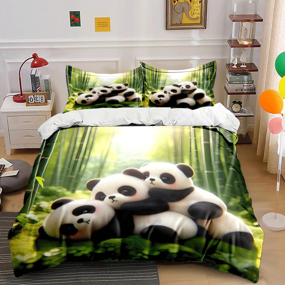 Adorabile Trio di Panda nella Foresta di Bambù Squisito Set Lenzuola Tre Pezzi Regalo per Bambini e Adulti