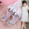 Girls Dance Shoes High Heels for Wedding Party Kids Half Sandals Sweet Bows 2025 Summer New Children Princess Shoes Shiny Sequin