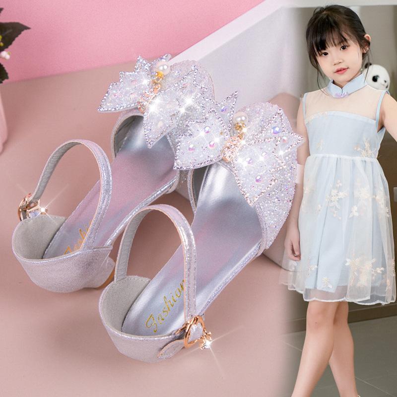 Girls Dance Shoes High Heels for Wedding Party Kids Half Sandals Sweet Bows 2025 Summer New Children Princess Shoes Shiny Sequin