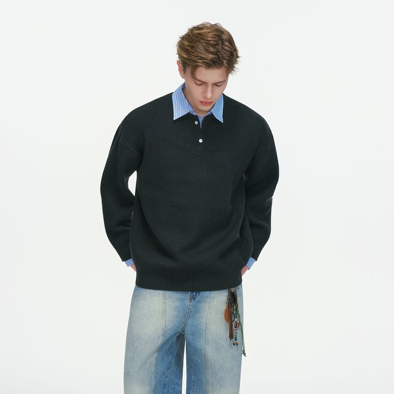 

Dream Made Fake Two-Piece College Style Sweater for Men, Autumn and Winter Lazy Style Couple Knitwear, Men s Top Black S