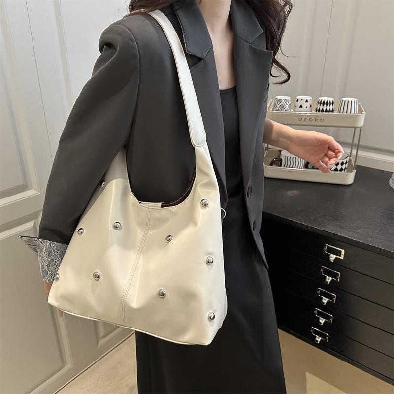 Yogodlns Punk Style Embellished Double-Faced Round Rivet Inlaid Niche Luxury Bucket Bag Chic Lady Underarm Large Capacity Shoulder Bag