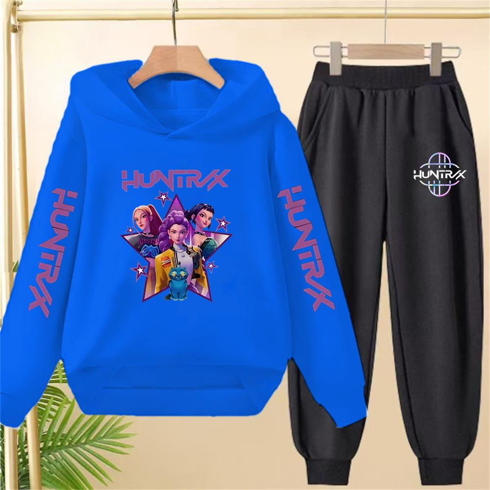Children pink Hoodie KPop Demon Hunters Print Black Boys Girls Coat Sweatshirt+Pants Toddler Clothes autumn winter Set