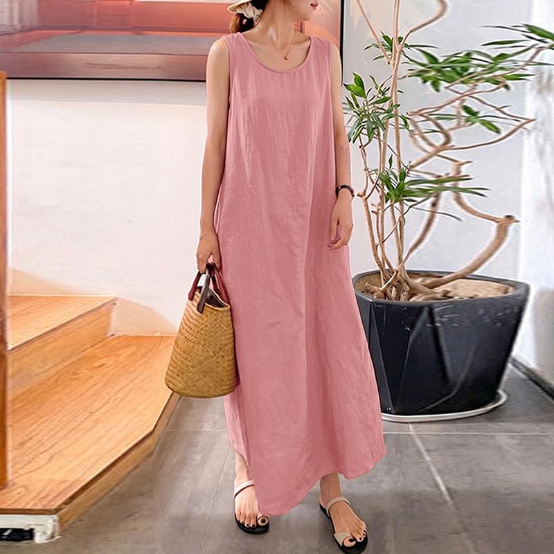 ZANZEA Women Casual Round Neck Loose Sleeveless Cotton Tank Dress S