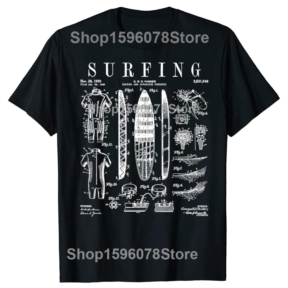 Lustiges Surfbrett Surfen Vintage Patent Surfer T-Shirts Herren Baumwolle Humor Streetwear T-Shirt Kurzarm Unisex Lockere Kleidung