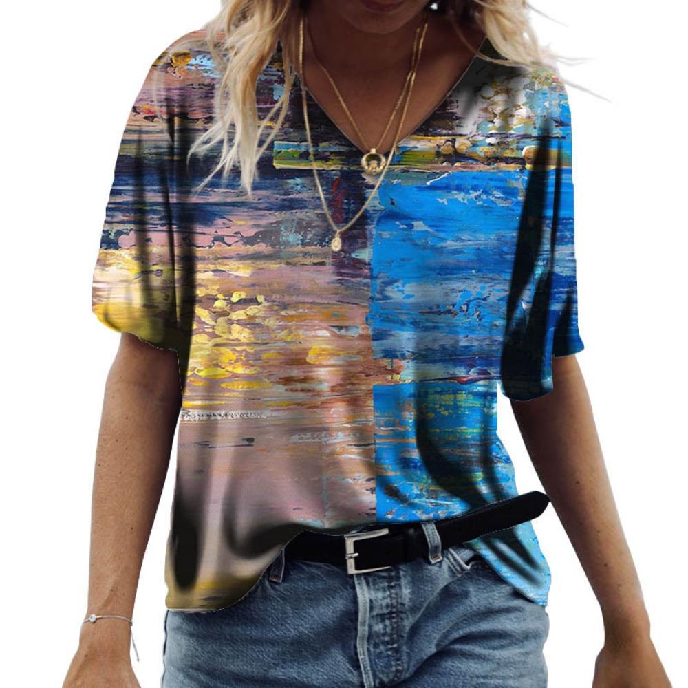 

Summer Art Painting Tie Dye 3D Print Women Fashion Colorful T-Shirt Short Sleeve V-Neck T-Shirts Streetwear Girl Woman Tees Tops 5XL