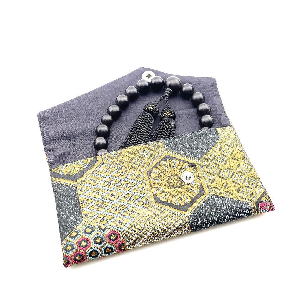 Eizen Nenjuya Men's Ebony Prayer Beads with Silk Tassel, 22 Beads, Nishijin Brocade, and Gold Brocade Bag, Perfect for Funerals, Wakes, and Informal