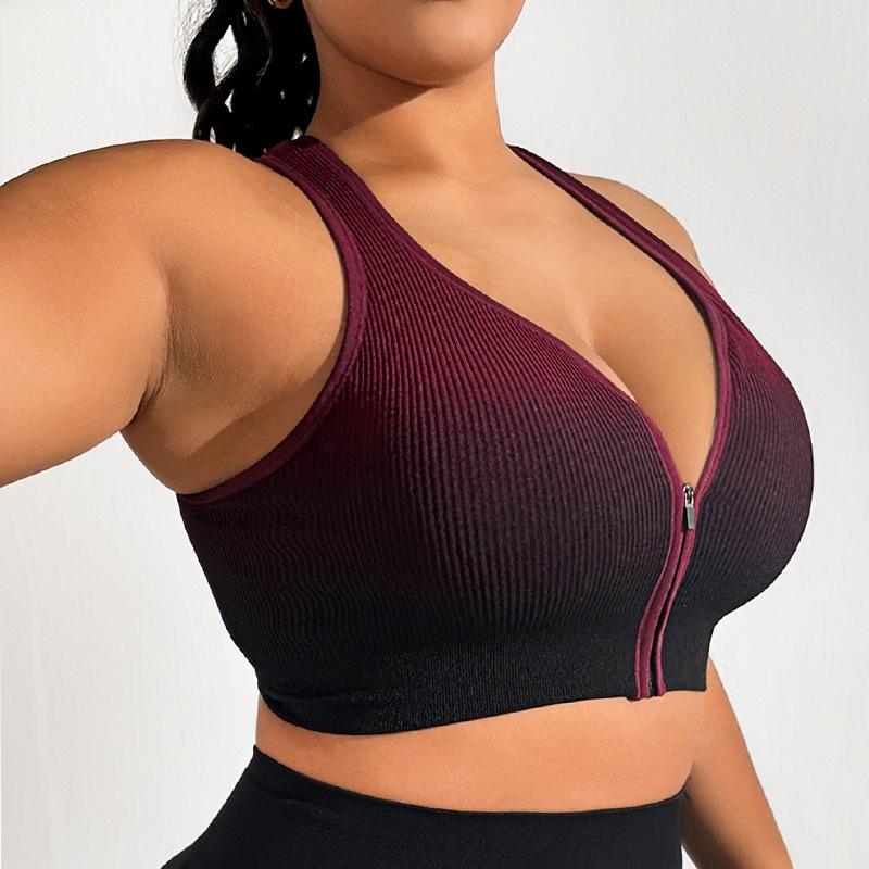 Women's Gradient Sport Shockproof Running Vest Bra with Front Zipper for Fitness & Yoga