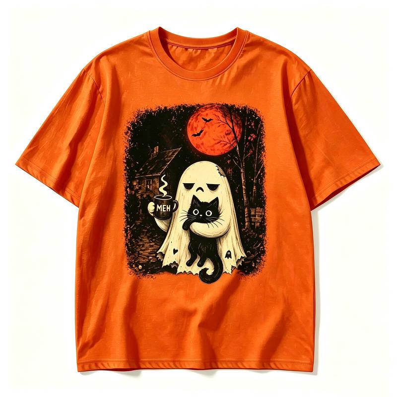 Ghost Black Cat Coffee T Shirt Vintage Retro Red Moon Bat Graphic Tee Halloween Unisex Casual Short Sleeve Pumpkin Season Tops