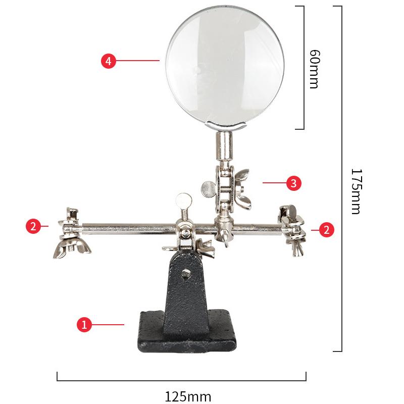 Suport de lipit pentru instrumente de ajutor de la mâna a treia de 60 mm cu 4x lupă de sudură LED cu rotație de 360 ​​de grade, 2 agrafe de crocodil ajustabile