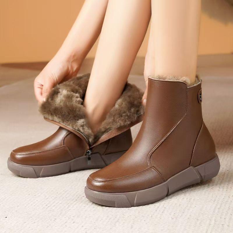 Women Winter New Leather Big Size Ankle Snow Boots Thick Sole Non Slip Thicken Plush Keep Warm High Top Flat sole Cotton Boots