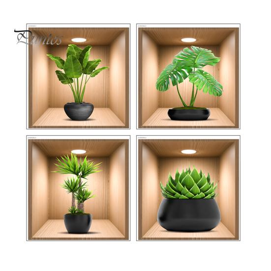 4Pcs/Set Potted Plants Wall Sticker 3D Effect Self-adhesive Waterproof PVC Removable Living Room Bedroom Modern Wall Art Green Plant Decoration Decal