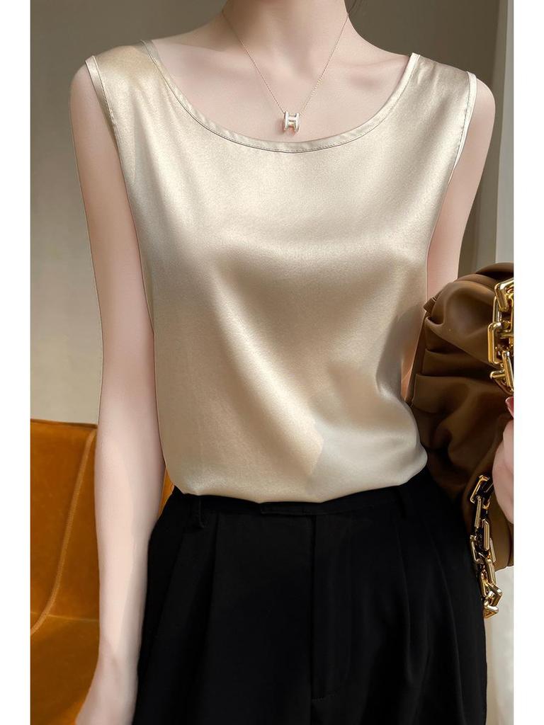 Women's Sleeveless Summer Silk Camisole - Loose Fit, Round Neck, Mulberry Silk Base Layer Top