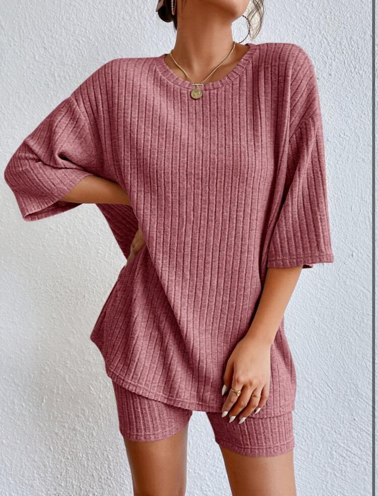 Conjunto de Top y Shorts de Punto Holgado Casual de Moda con Cuello Redondo para Verano Ropa de Mujer Cómodo Transpirable Color Sólido