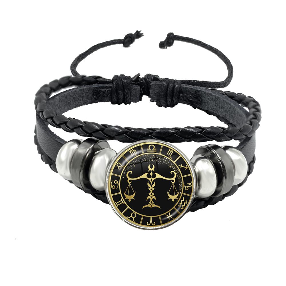 Bracciale Costellazione 1/12 Scorpione Sagittario Capricorno Acquario Corda Nera Bottone in Pelle Gioielli Zodiacali Regalo