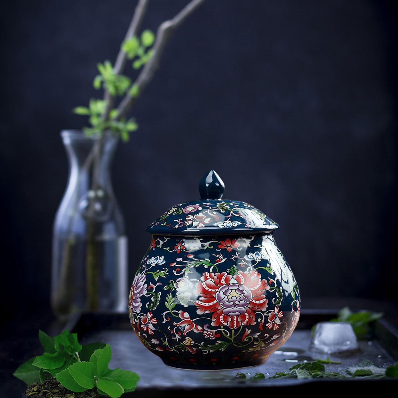 Ceramic Ginger Jar with Lid, Chinese Temple Jar, Decorative Vase for Home Decor, Ceramic Storage Jar for Dining Decoration синий