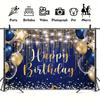 Shimmering Navy & Royal Blue Birthday Background,  Golden Polka Dot Balloons, Magical Cake Table Decor & Photography Banner