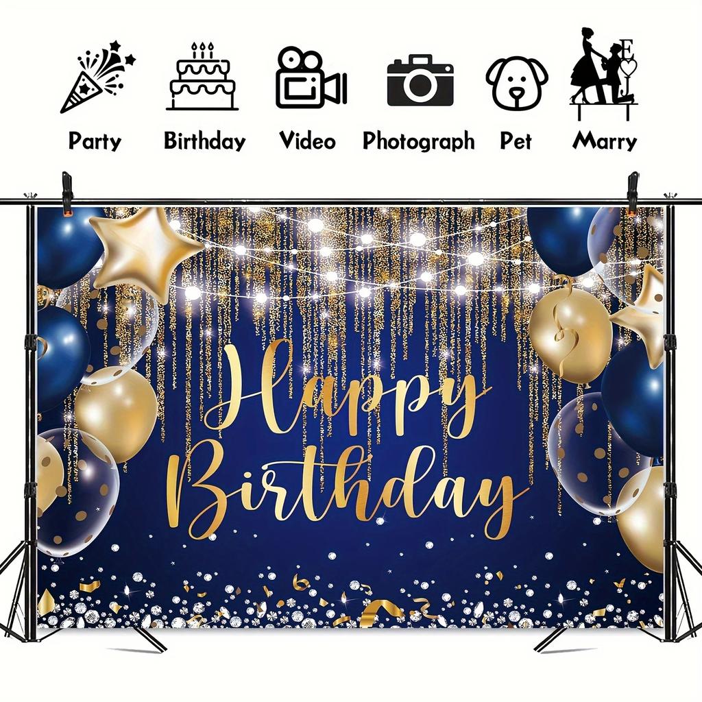 Shimmering Navy & Royal Blue Birthday Background,  Golden Polka Dot Balloons, Magical Cake Table Decor & Photography Banner