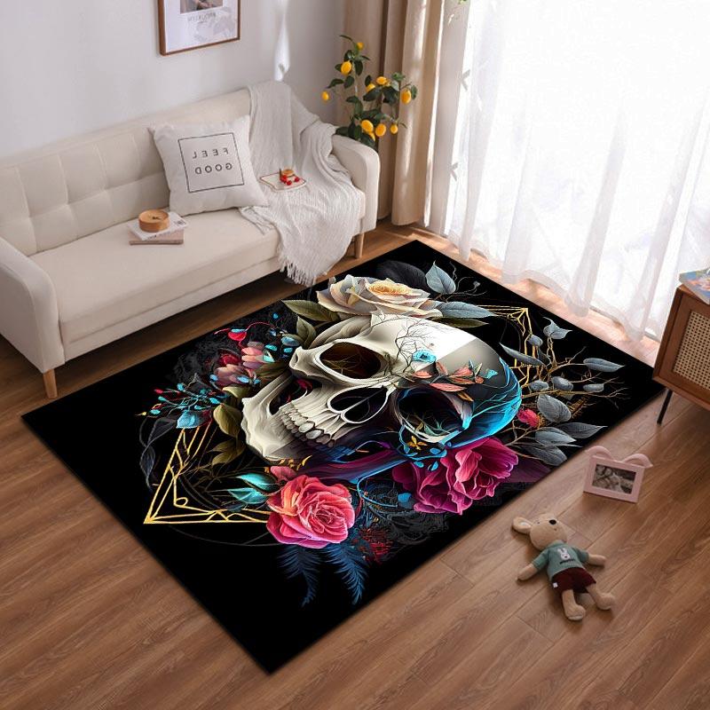 

Skull and Floral Design Carpet with Roses and Abstract Elements Suitable for use as an anti-slip for living room bedroom sofas 40x60cm( 15x23in )