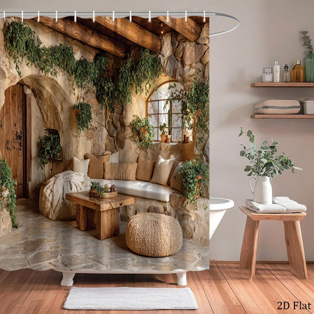Cave Room Shower Curtain Rustic Stone Interior Print Waterproof Polyester Bathroom Decor Bath Curtain Set