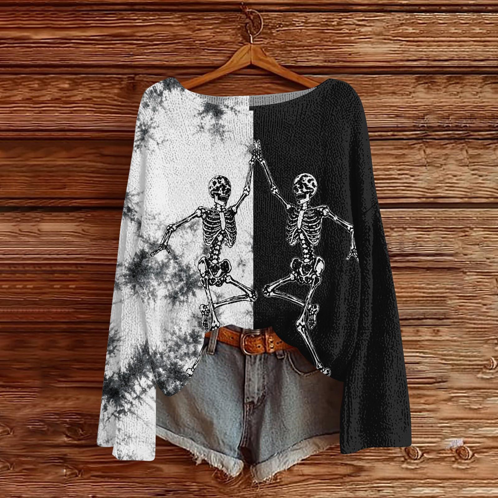 Women s Casual Long Sleeve Halloween Print Knit Pullover Top with Round Neck S