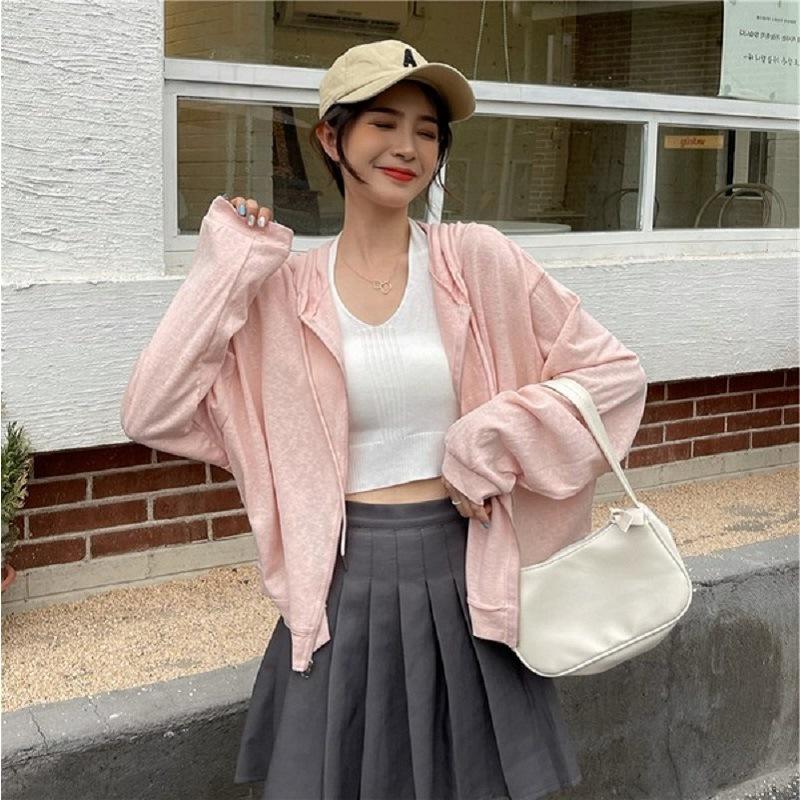 Solid Color Transparent Sunscreen Clothes for Women Loose Long-sleeved T-shirt for Women Couples Bottoming Shirt for Women Hooded Zipper Jacket