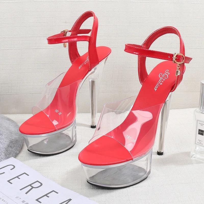 Fashion 34-43 Sexy Super High Heel Shoes 15CM Slim Heel Platform Sandals Transparent Crystal Shoes Wedding Shoes Banquet