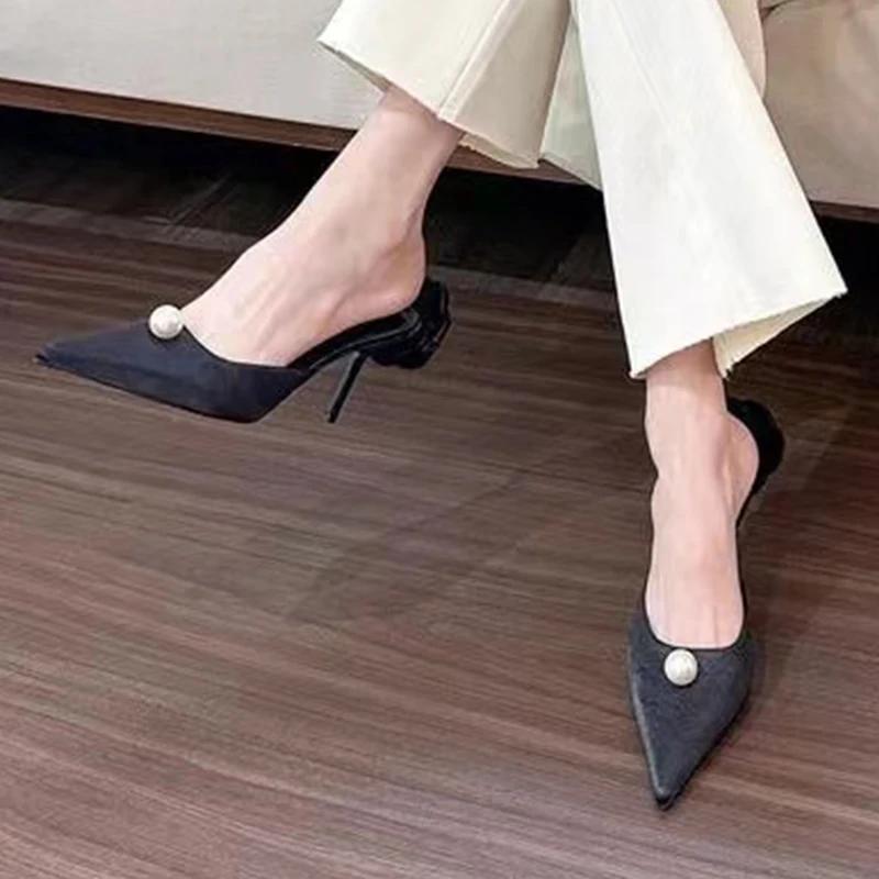 Fashion Pointed Toe Women Mules Shoes Pearl Slingback Flower Slippers High Heels Designer Sandals 2024 Party Autumn Pumps Women Zapatos