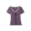 Song Zhengen Purple V-Neck Lace Strap Short Sleeve T-Shirt Women's Summer Korean Slim Skinny Shoulder Versatile Top